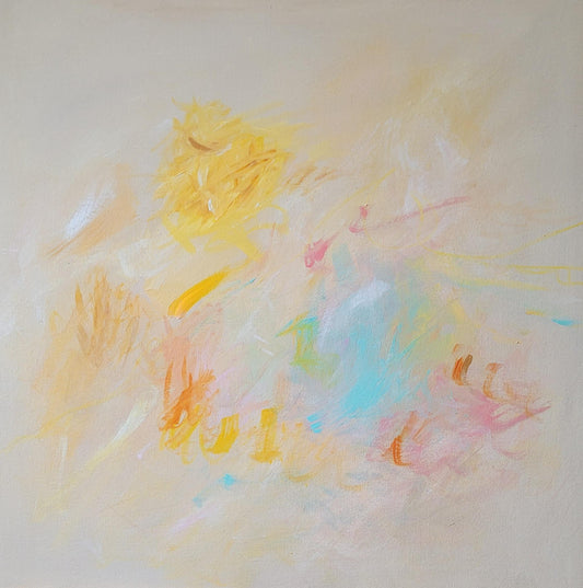 Toile abstraite aux teintes pastel, avec touches jaune, bleu et orange, ambiance douce et légère.