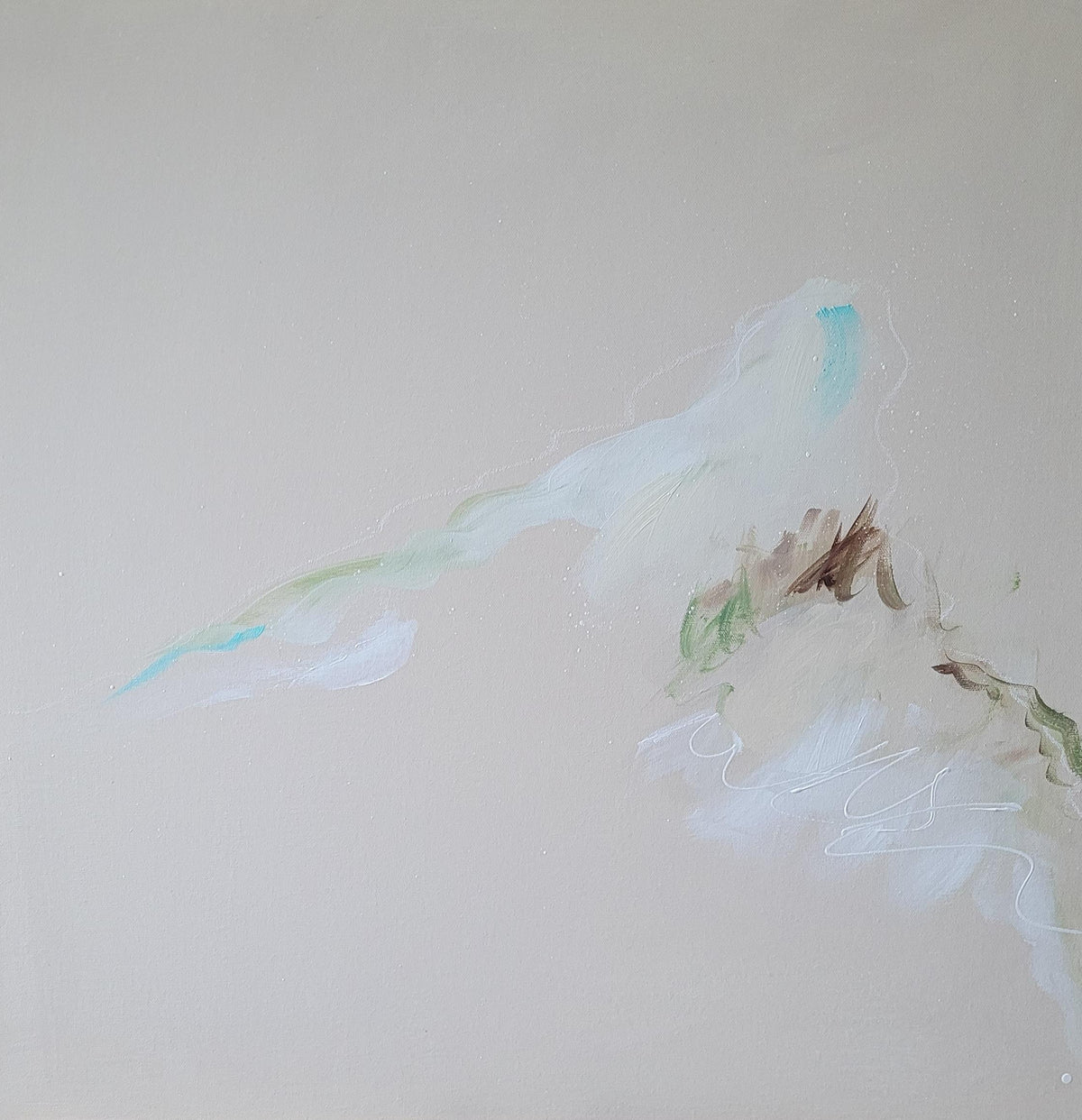 Tableau abstrait aux teintes douces, effet brume d'hiver beige, blanc, bleu et marron