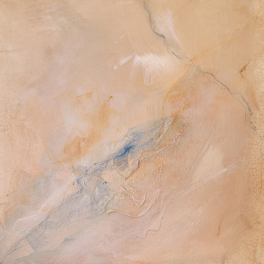 Peinture abstraite beige et bleu pastel, touches texturées, ambiance sereine et douce.